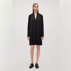 COS Stretch Knit A-Line Black V-Neck Long Sleeve Dress L Office Date Night